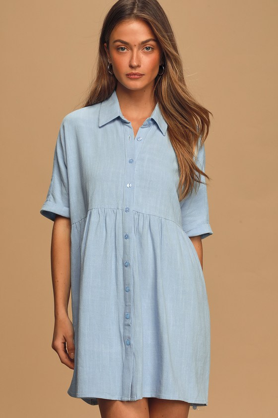 Dearest Love Light Blue Short Sleeve Button-Up Babydoll Dress