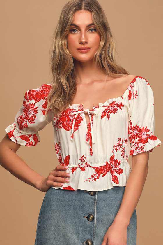Cute White Floral Print Top - Puff Sleeve Top - Tying Neck Top - Lulus
