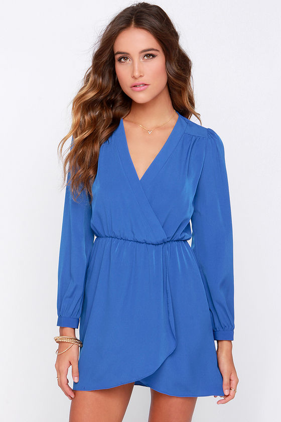 Cute Blue Dress Wrap Dress Long Sleeve Dress Lulus