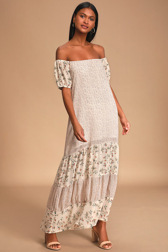 Little House Beige Floral Print Tiered Off-the-Shoulder Dress 1