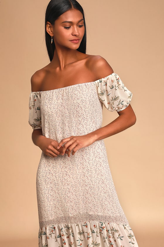 Little House Beige Floral Print Tiered Off-the-Shoulder Dress 2