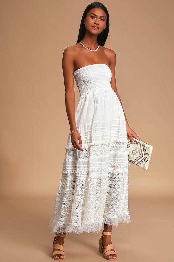 Cute Off White Maxi Dress - Strapless Maxi Dress - Smocked Maxi - Lulus