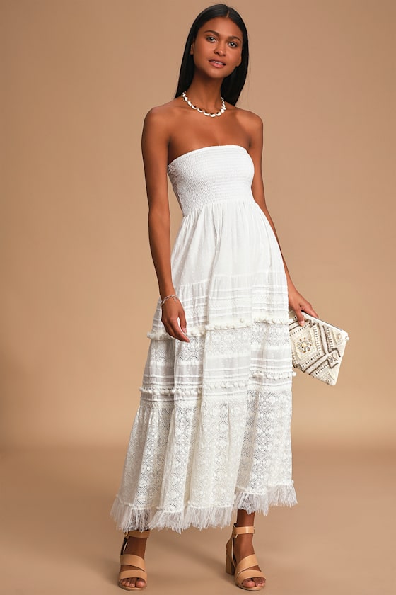 Purely Sweet Off White Lace Smocked Strapless Maxi Dress 2