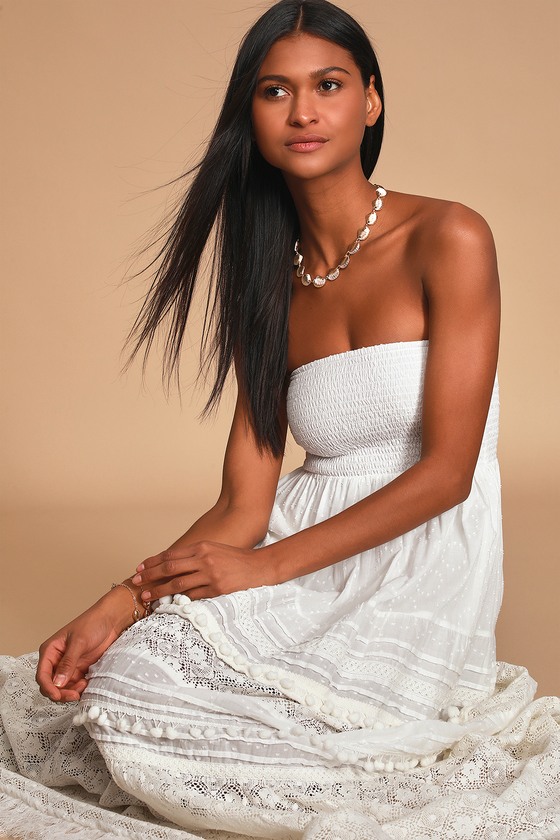 smocked strapless maxi dress