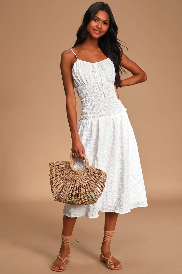 Moon River Dress - White Midi Dress - Smocked Midi Dress - Lulus Moon River Dress - White Midi Dress - Smocked Midi Dress - Lulus