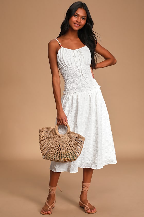 Sarait White Beaded Smocked Midi Dress 1