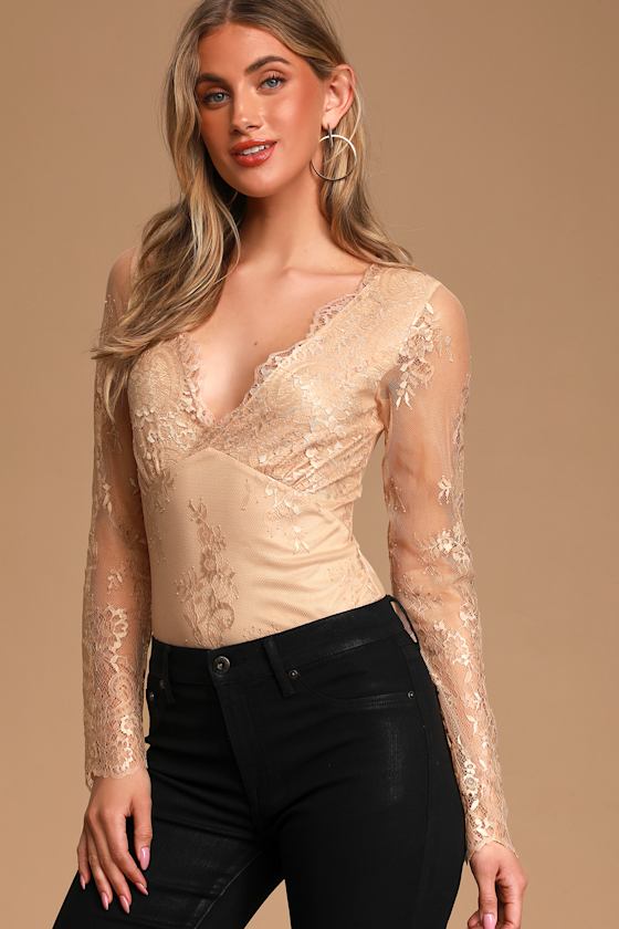 All About That Lace Beige Lace Long Sleeve Bodysuit 11