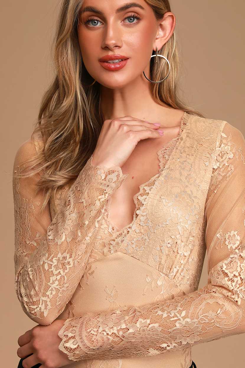 All About That Lace Beige Lace Long Sleeve Bodysuit