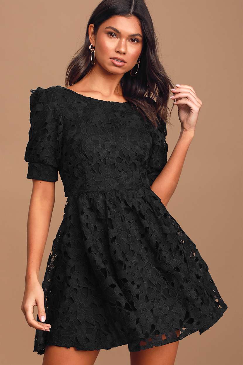 For a Moment Black Lace Cutout Mini Skater Dress