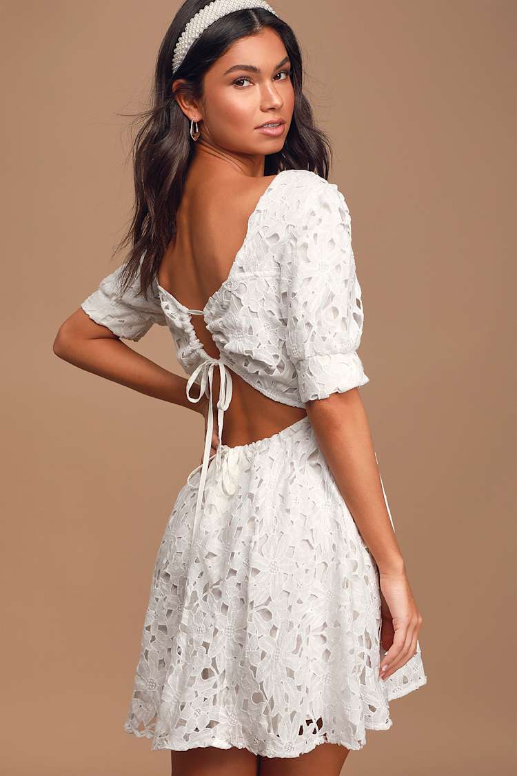 For a Moment White Lace Cutout Mini Skater Dress
