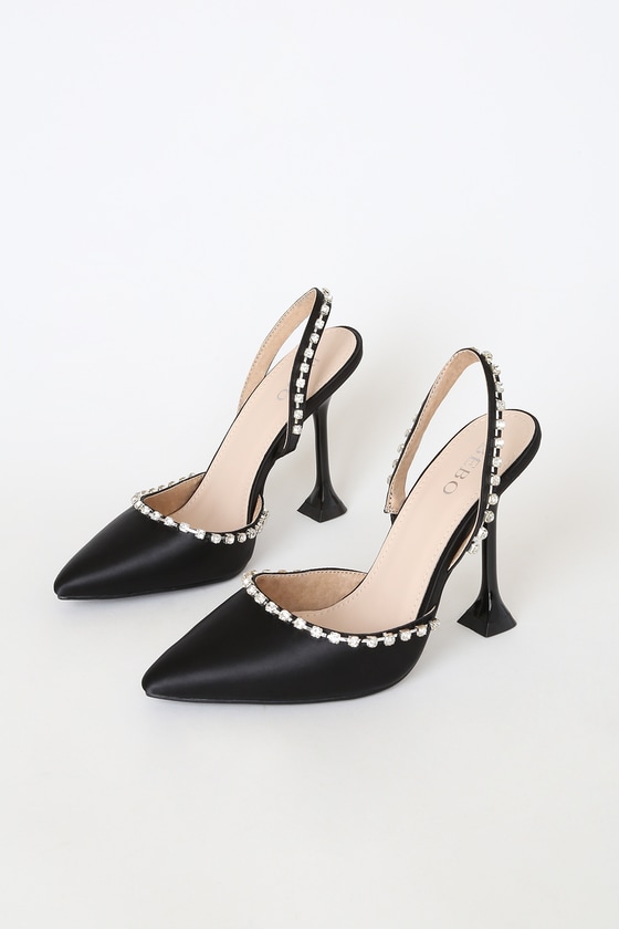 black satin pumps with rhinestones