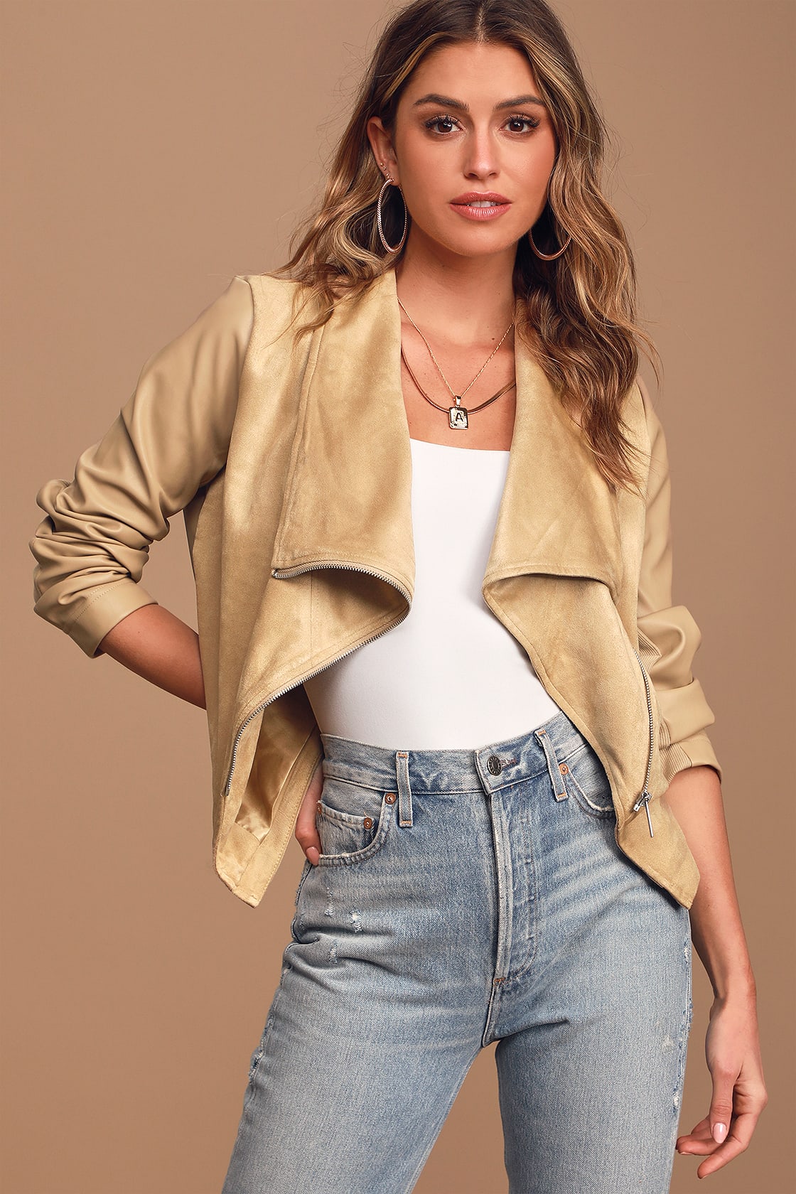 Chic-est of Them All Beige Suede Draped Moto Jacket