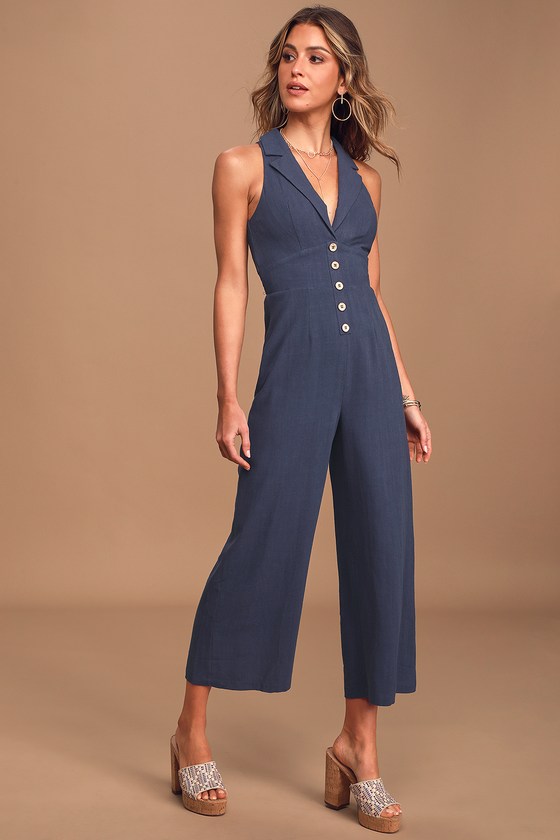 Navy Blue Jumpsuit - Button Front Jumpsuit - Culotte Jumpsuit - Lulus