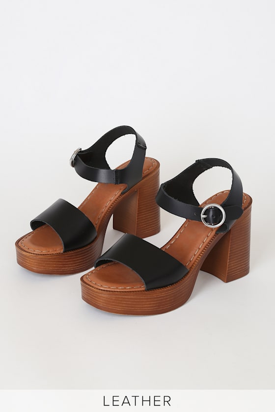 Uma Black Leather Wooden Platform Heels 2