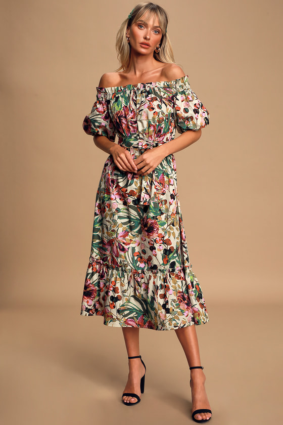 Beige Midi Dress - Floral Print Dress - Off-The-Shoulder Midi - Lulus