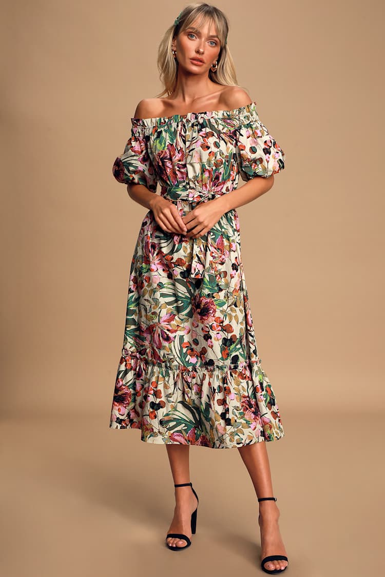 Beige Midi Dress - Floral Print Dress - Off-The-Shoulder Midi - Lulus Beige Midi Dress - Floral Print Dress - Off-The-Shoulder Midi - Lulus
