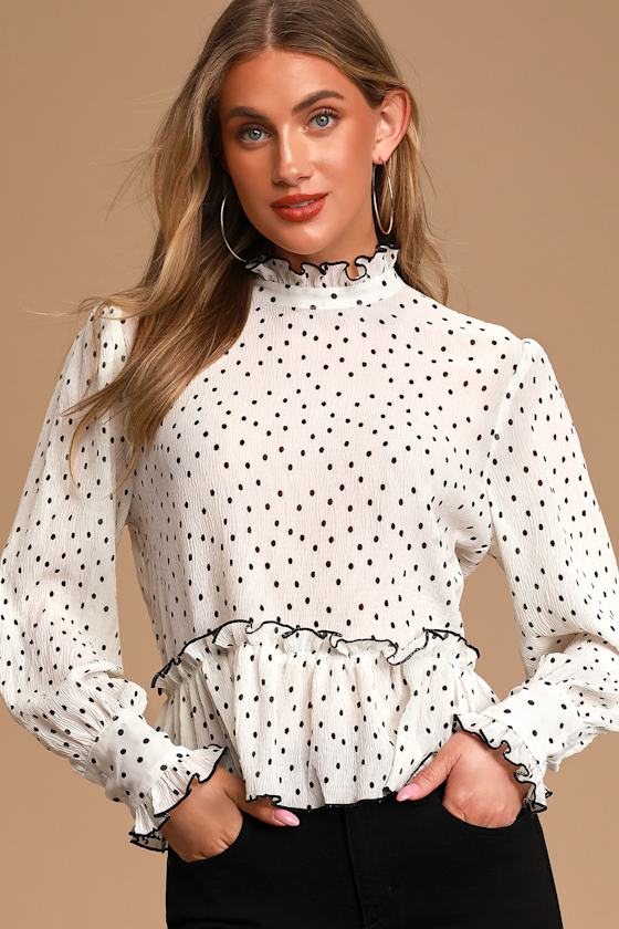 Modern Muse Black and White Polka Dot Ruffled Long Sleeve Top 4