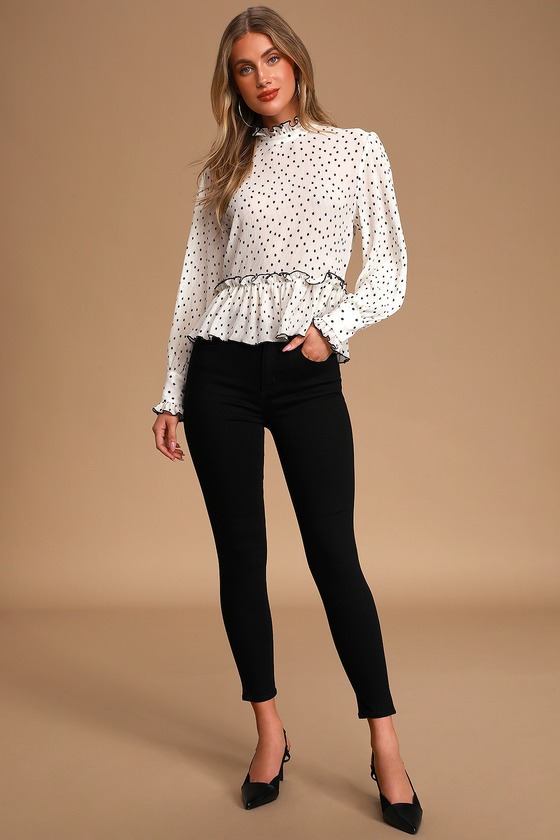 black and white polka dot ruffle blouse