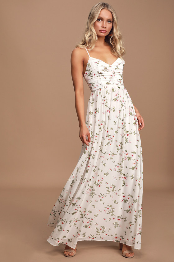 White Maxi Dress - Floral Print Maxi Dress - Ruched Maxi Dress - Lulus