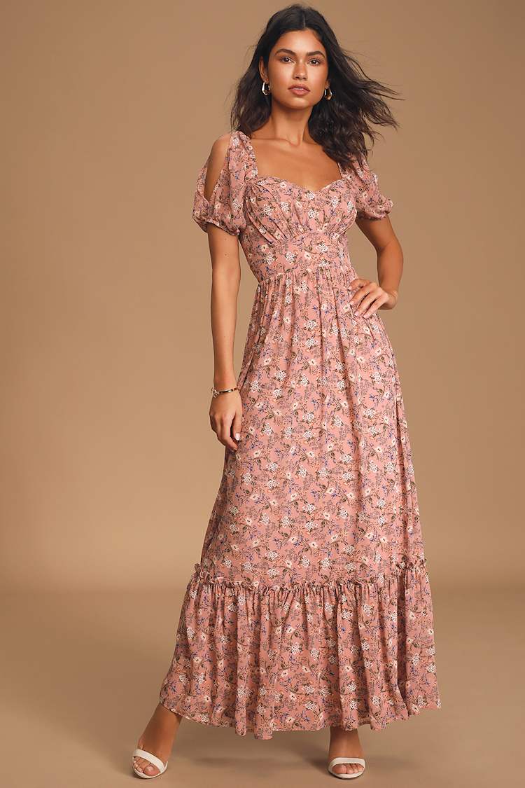 Mauve Floral Dress - Ruffled Maxi Dress - Cold-Shoulder Dress - Lulus