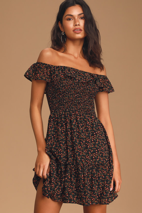 Off the shoulder hotsell black floral dress