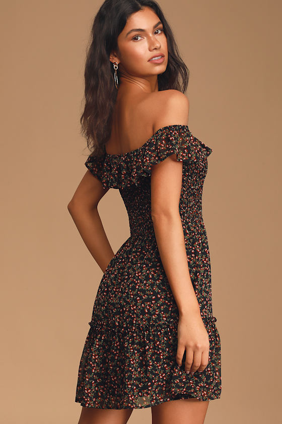 Fun Black Floral Print Dress - Off-the 