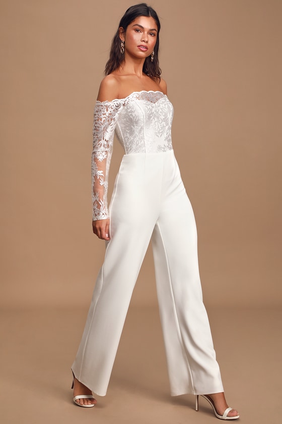 White Jumpsuit - Off-the-Shoulder Jumpsuit - Wide-Leg Jumpsuit - Lulus