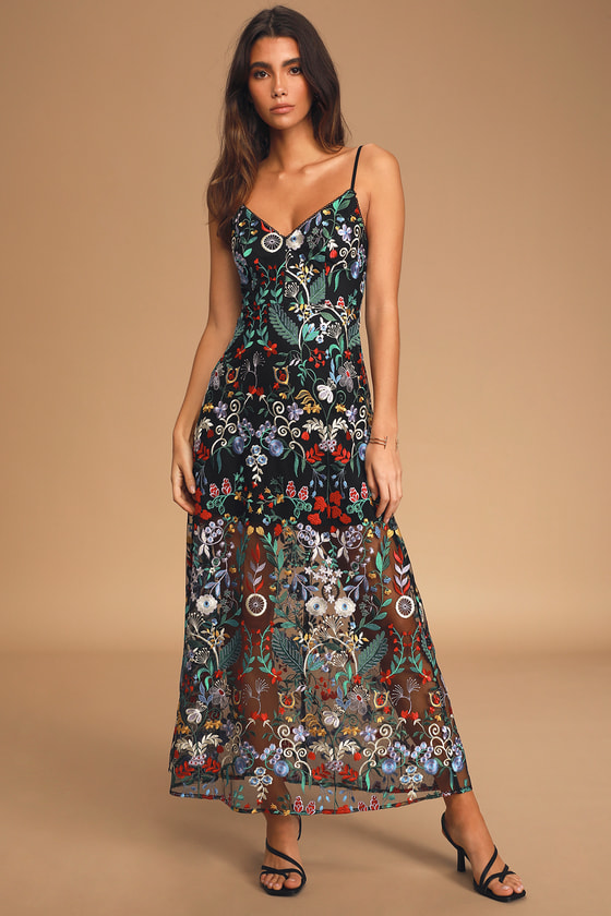 Black Embroidered Dress - Tea-Length Dress - Floral Maxi Dress - Lulus
