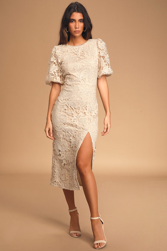 Kalia Long Sleeve Lace Midi Dress Cream