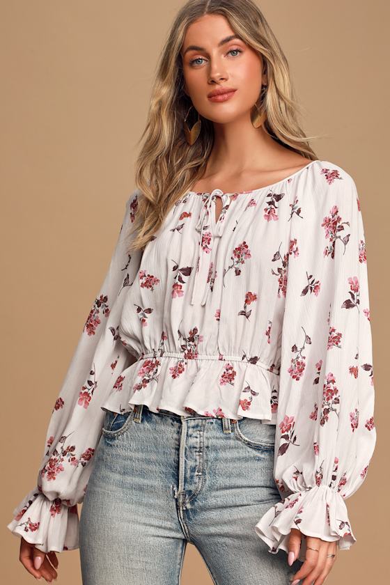 Cute White Floral Print Top Long Sleeve Top Peasant Top Lulus