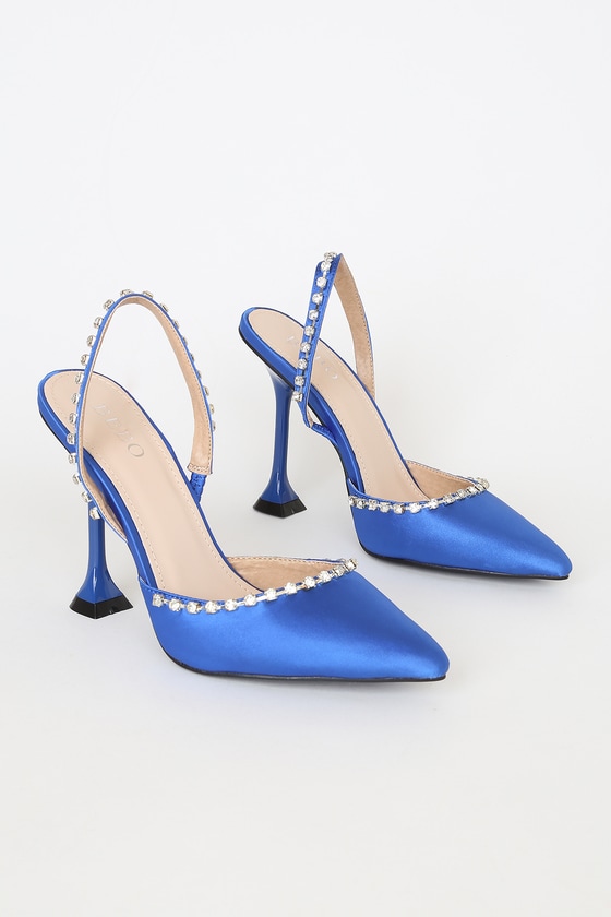 Bebo Crystal Blue Satin Heels - Pointed-Toe Pumps - Pyramid Heels - Lulus