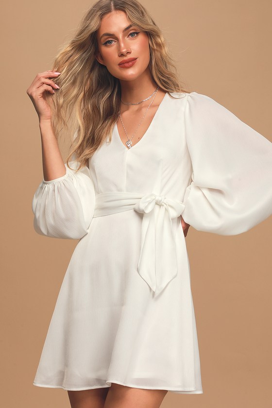 Cute White Dress - Balloon Sleeve Dress - V-Neck Mini Dress - Lulus