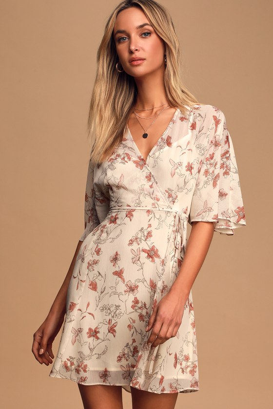 LULUS ALL ALONG BEIGE FLORAL PRINT FAUX WRAP MINI DRESS