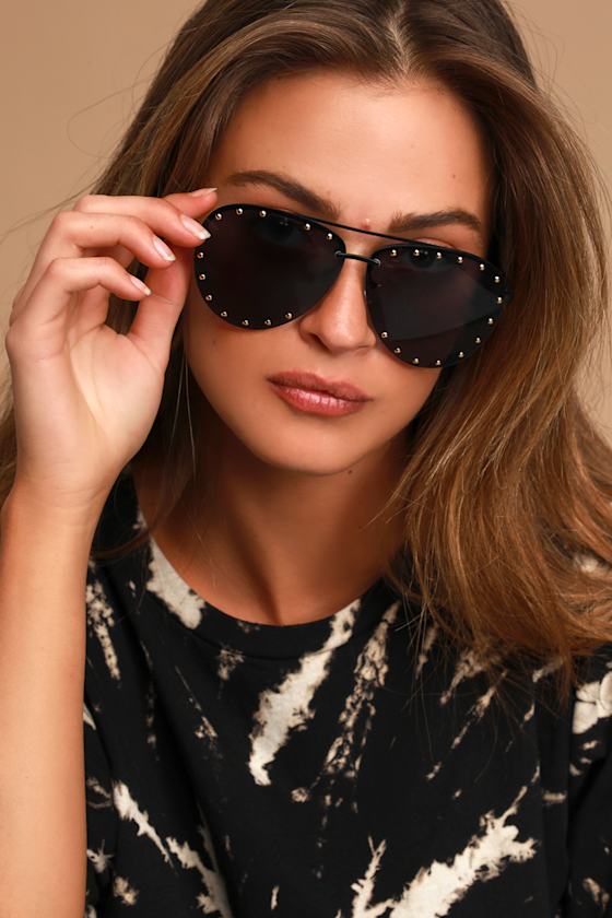 In the Biz Black and Gold Studded Aviator Sunglasses 1