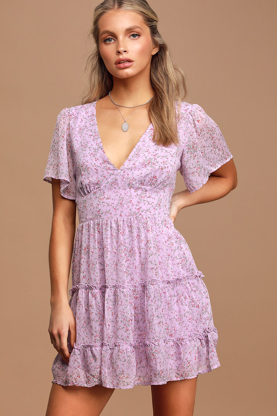 Lavender Floral Print Dress - Tiered 