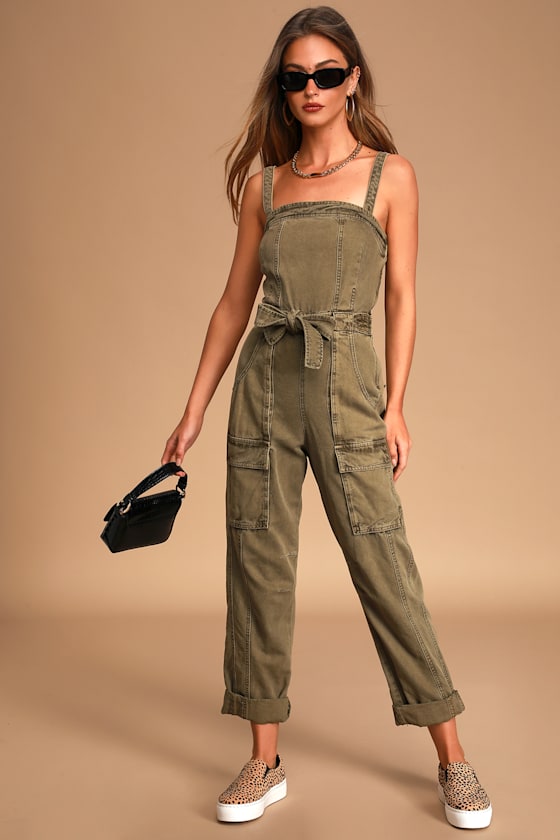 Go West Olive Green Utility Denim Jumpsuit 6