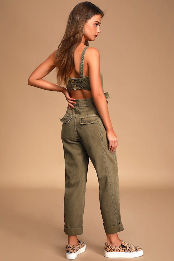 Go West Olive Green Utility Denim Jumpsuit 11