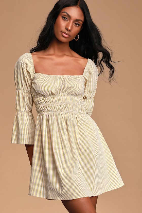 Lunch Date Mustard Yellow Gingham Bell Sleeve Mini Dress 3
