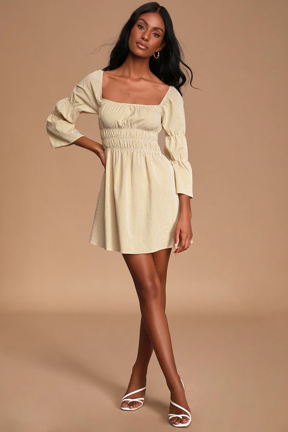 Lunch Date Mustard Yellow Gingham Bell Sleeve Mini Dress 2