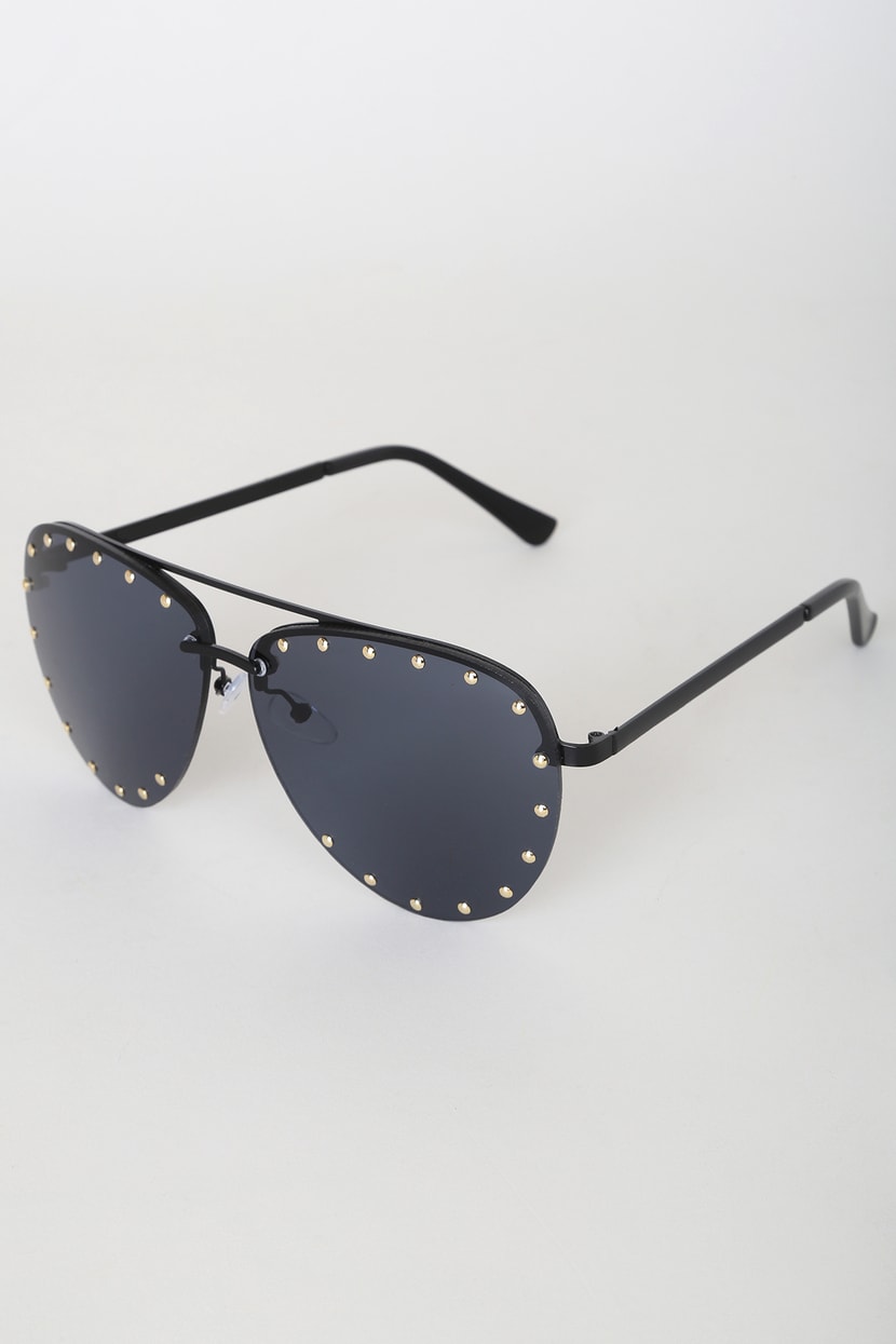 Cool Black Aviators - Studded Aviator Sunglasses - Black Sunnies - Lulus