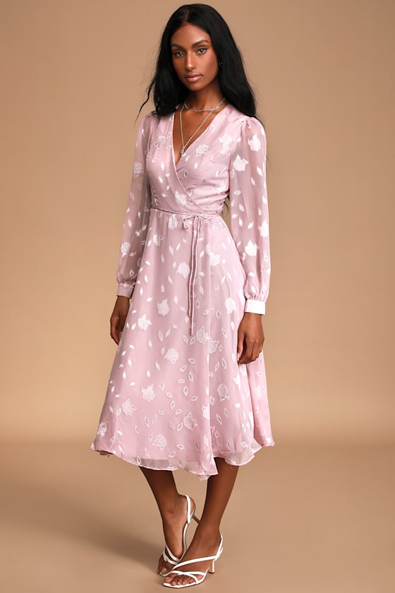 Evening of Elegance Dusty Lilac Floral Jacquard Wrap Midi Dress 3