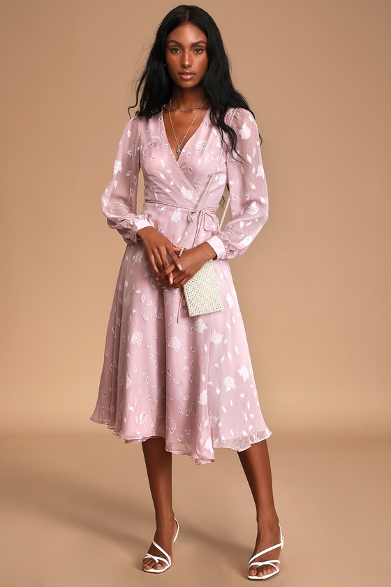 Cute Dusty Lilac Dress Wrap Midi Dress Long Sleeve Wrap Dress
