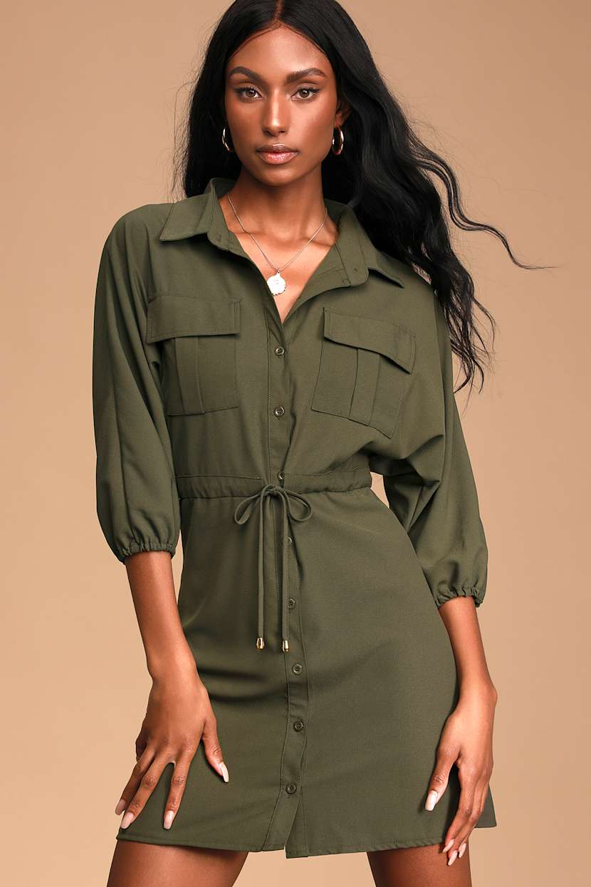 Bishop + Young Safari - Olive Green Dress - Button-Up Mini Dress - Lulus