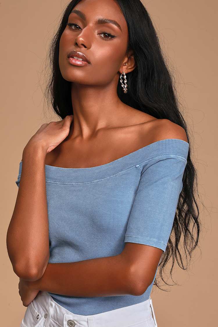 Cute Washed Blue Top Ots Top Ribbed Off The Shoulder Top Lulus