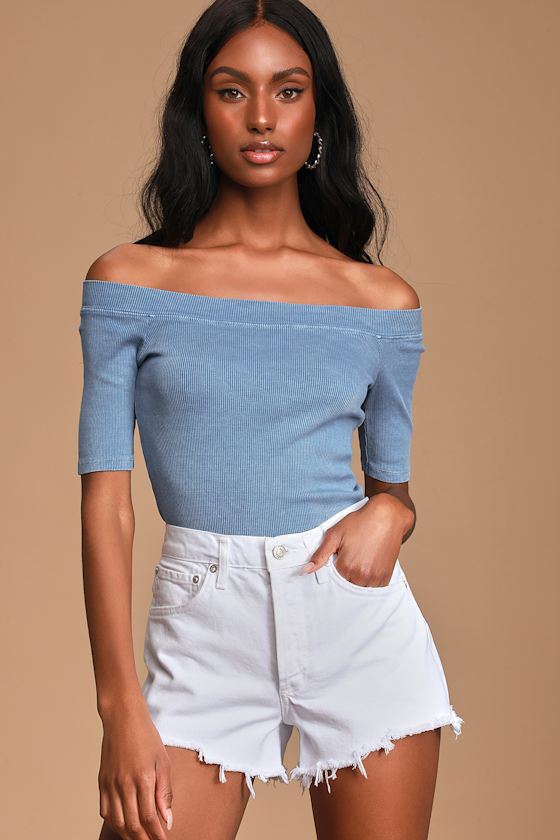 Tight-Knit Washed Denim Blue Ribbed Off-the-Shoulder Top 2