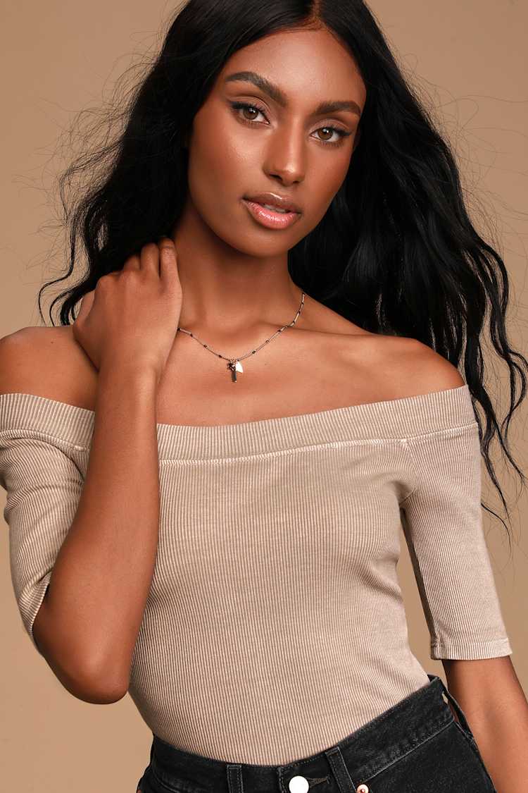 Cute Washed Taupe Top Ots Top Ribbed Off The Shoulder Top Lulus