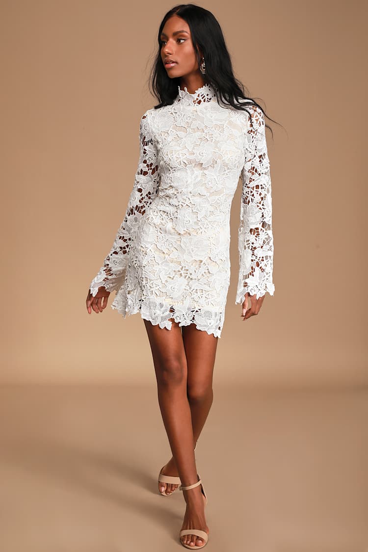 winter women dress 2018 lace Cute White and Nude - Crochet Dress - Mini Dress Size:7XL sleeve silhouette size 13 This Bride Dyed Her