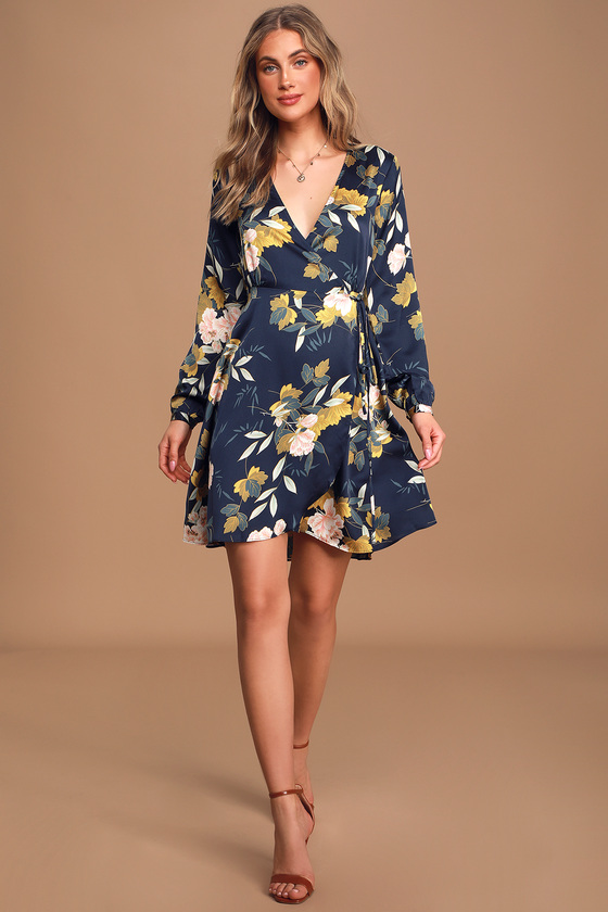 Love is Life Navy Blue Floral Print Satin Wrap Dress