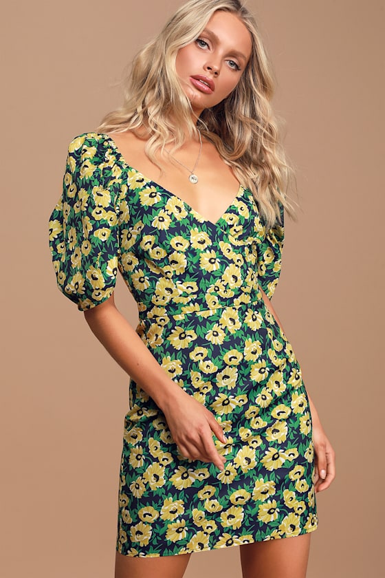 Cute Navy Floral Print Dress - Puff Sleeve Dress - Mini Dress - Lulus