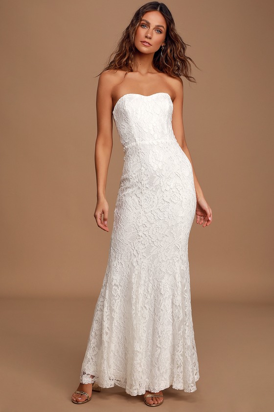 you belong with me white and nude lace strapless maxi dress